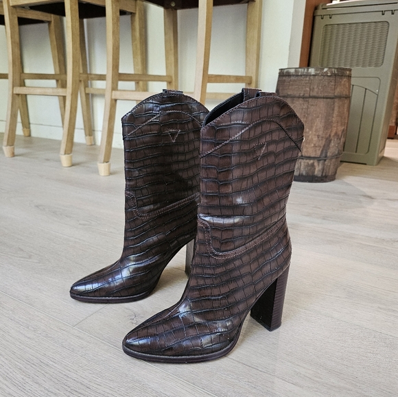 Guess Marney 2 Western Crocodile Leather Mid Calf Cowboy Heeled Boots - Picture 7 of 11